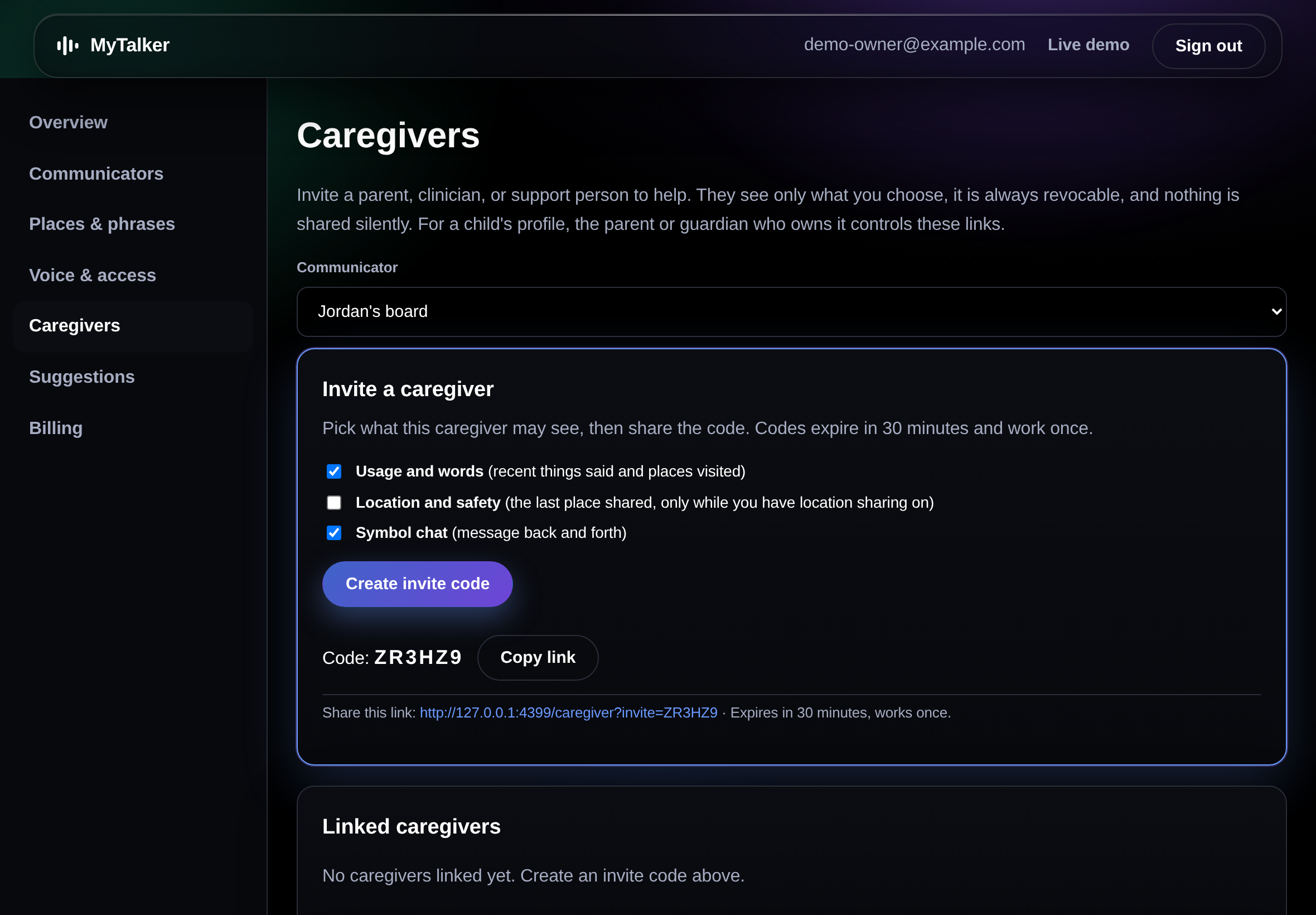 The MyTalker caregiver dashboard, showing an invite builder with scope checkboxes for usage, location, and chat