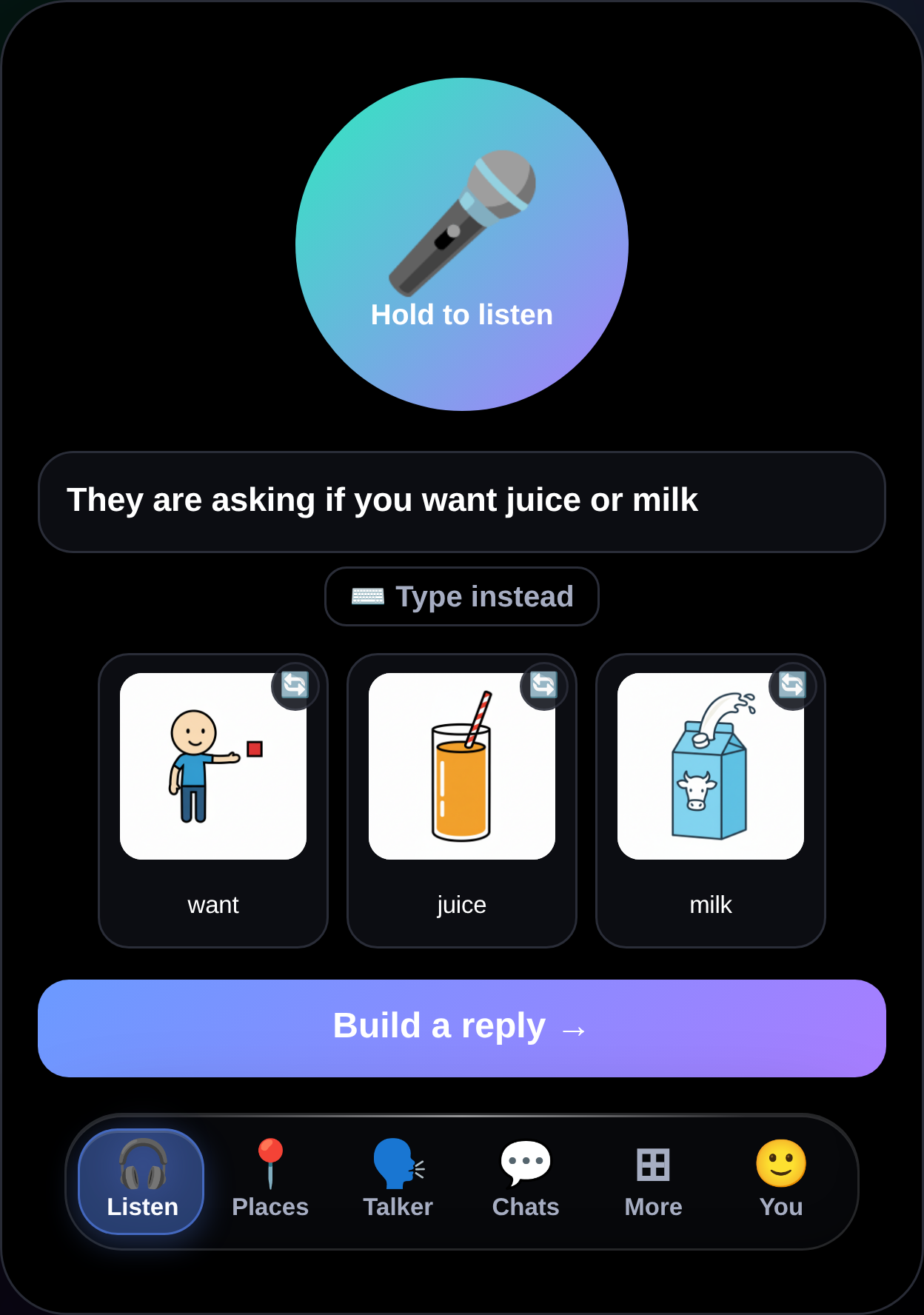 The MyTalker Listen screen: a spoken question shown as plain words and picture choices, with a Build a reply button