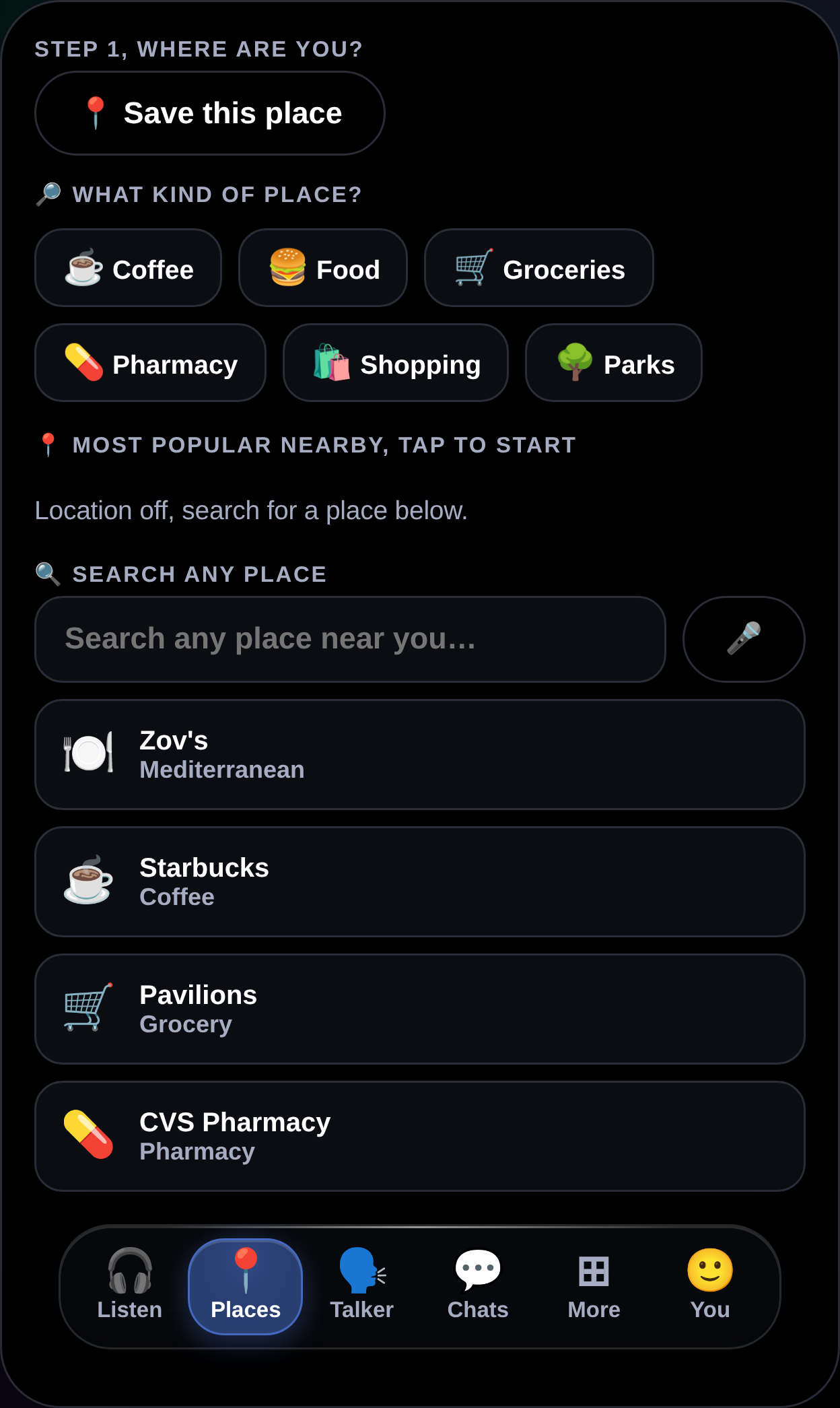 MyTalker Places tab showing nearby place types and the communicator's saved places to start from