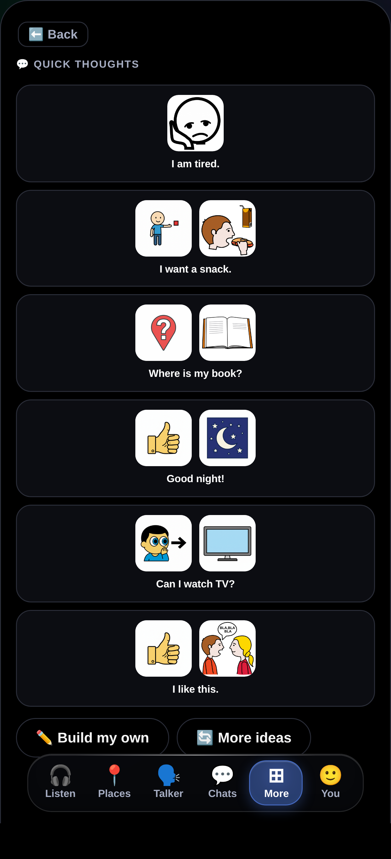 MyTalker showing anticipated full-sentence phrases the communicator is likely to want to say right now