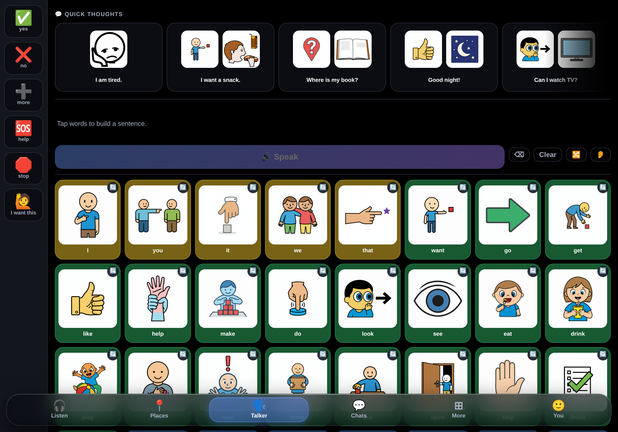 The MyTalker Talker board, a colorful core-vocabulary grid of word tiles with pictures and a sentence bar