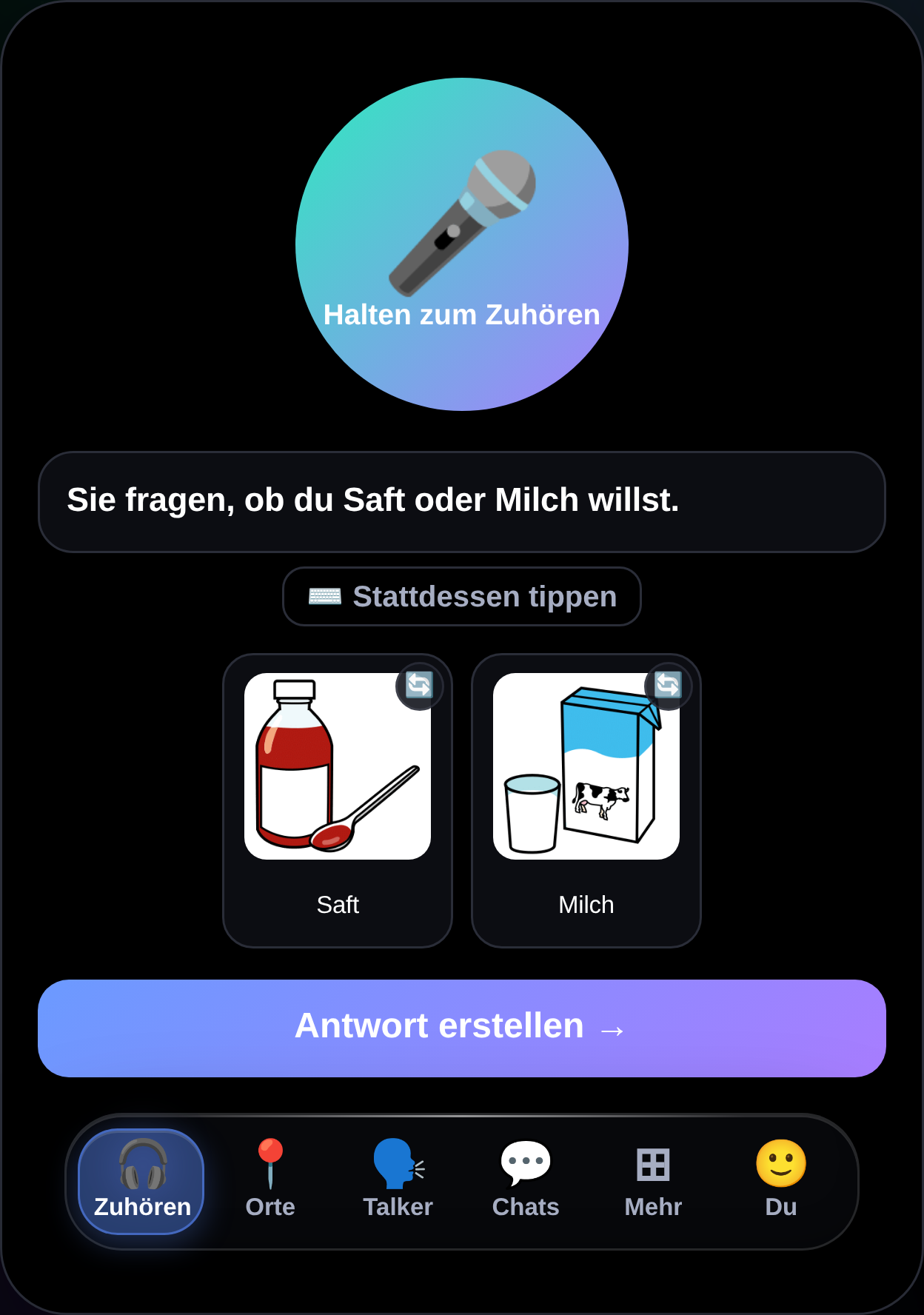 MyTalker Listen screen in German