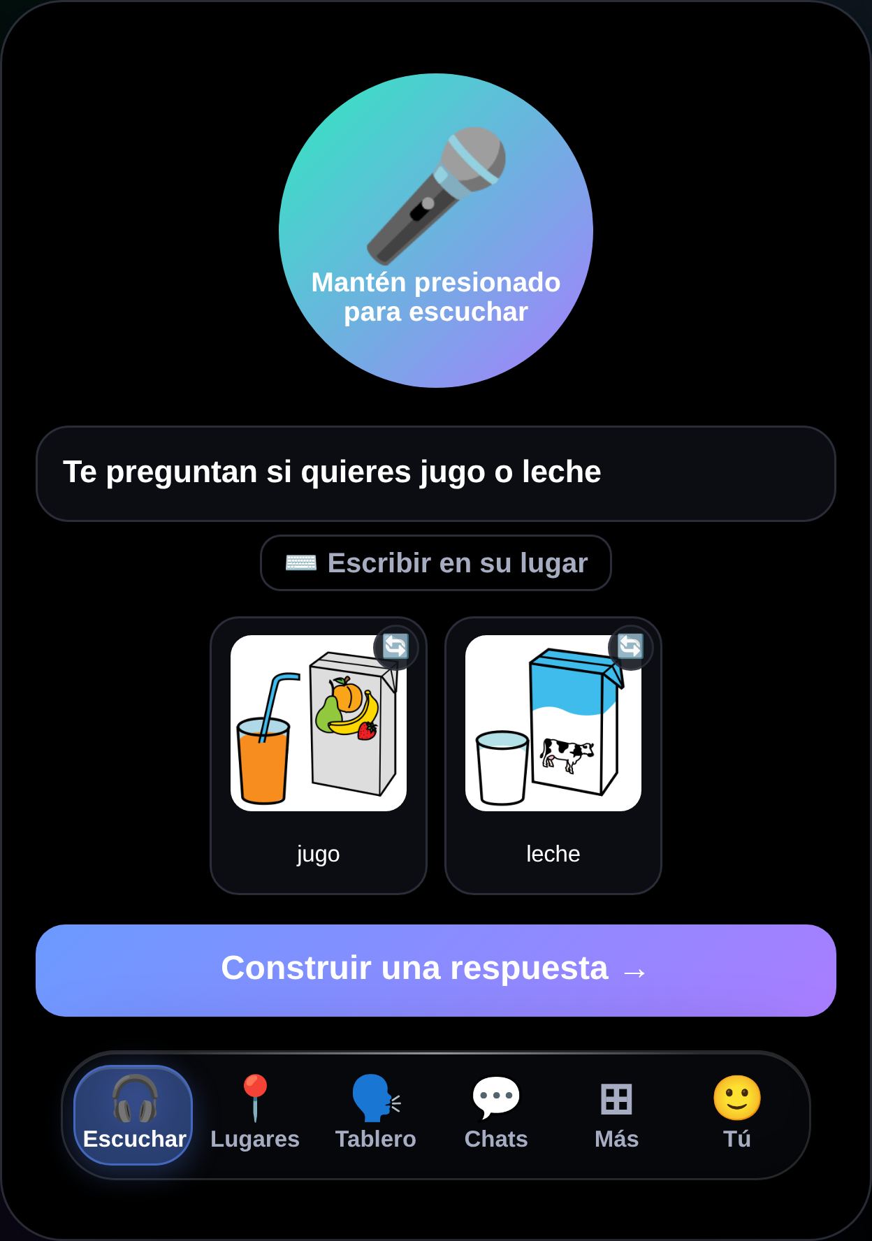 MyTalker Listen screen in Spanish