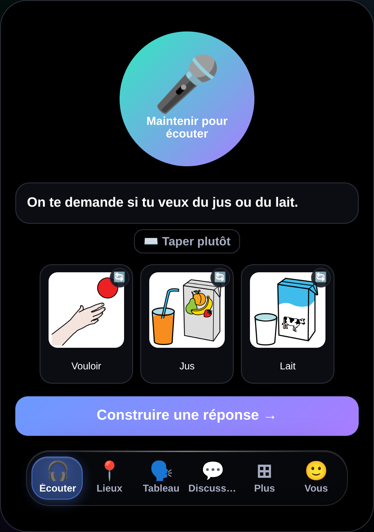 MyTalker Listen screen in French