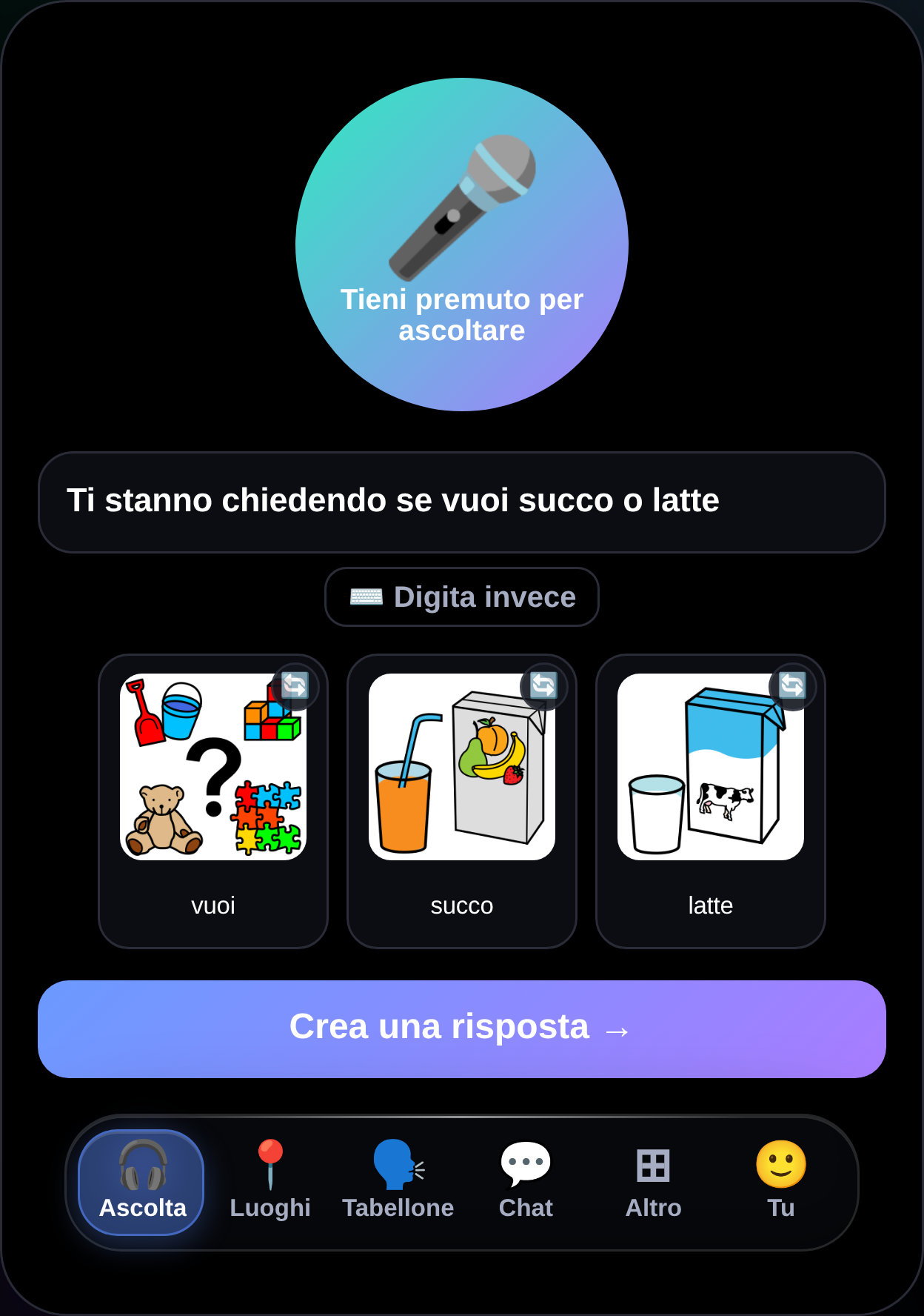 MyTalker Listen screen in Italian